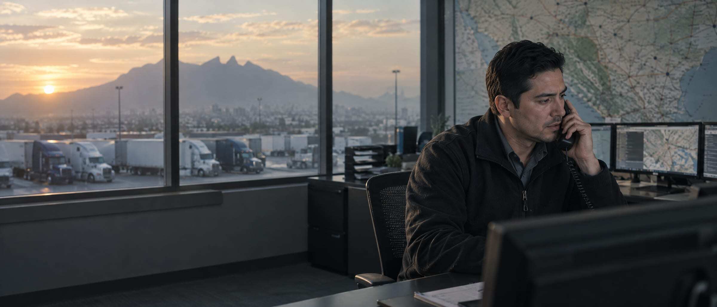 A dispatcher on the phone at dawn, trucks parked outside the window in Monterrey