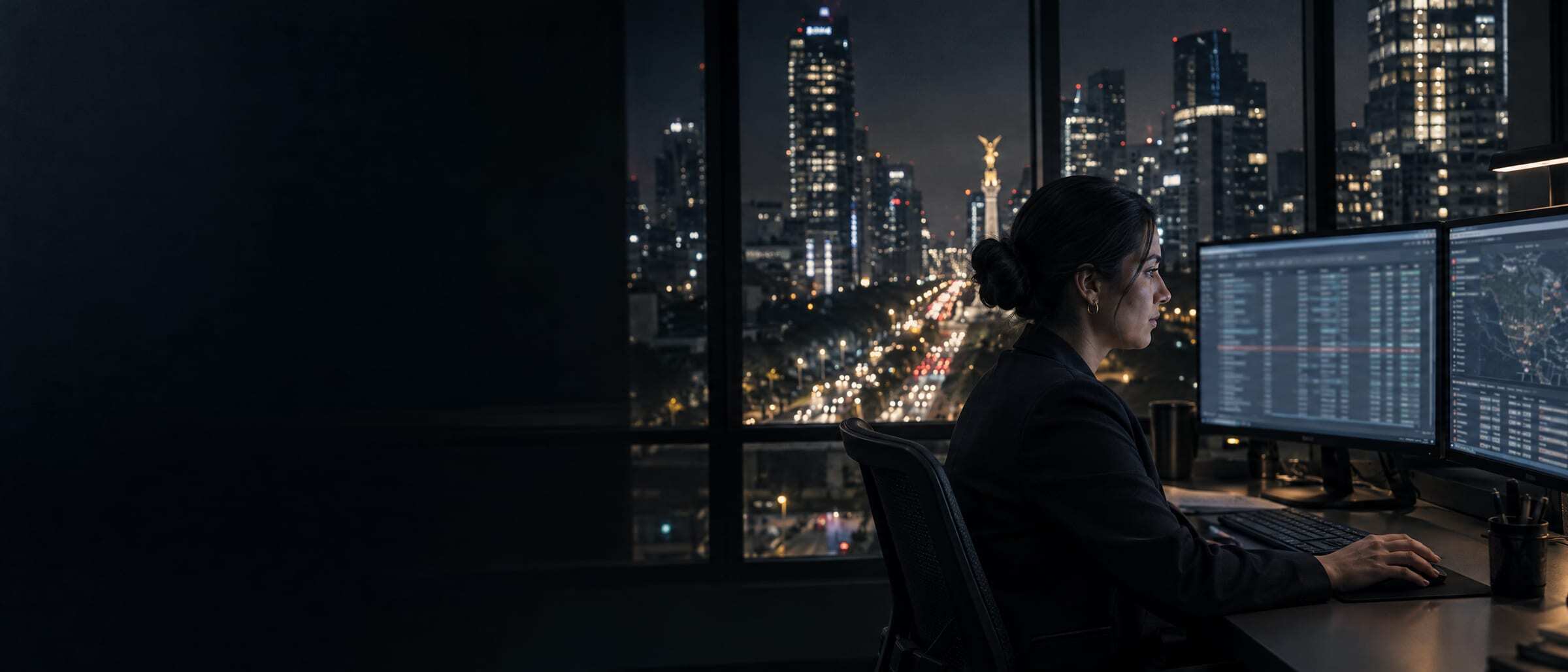 A fraud analyst at two monitors at night above Paseo de la Reforma
