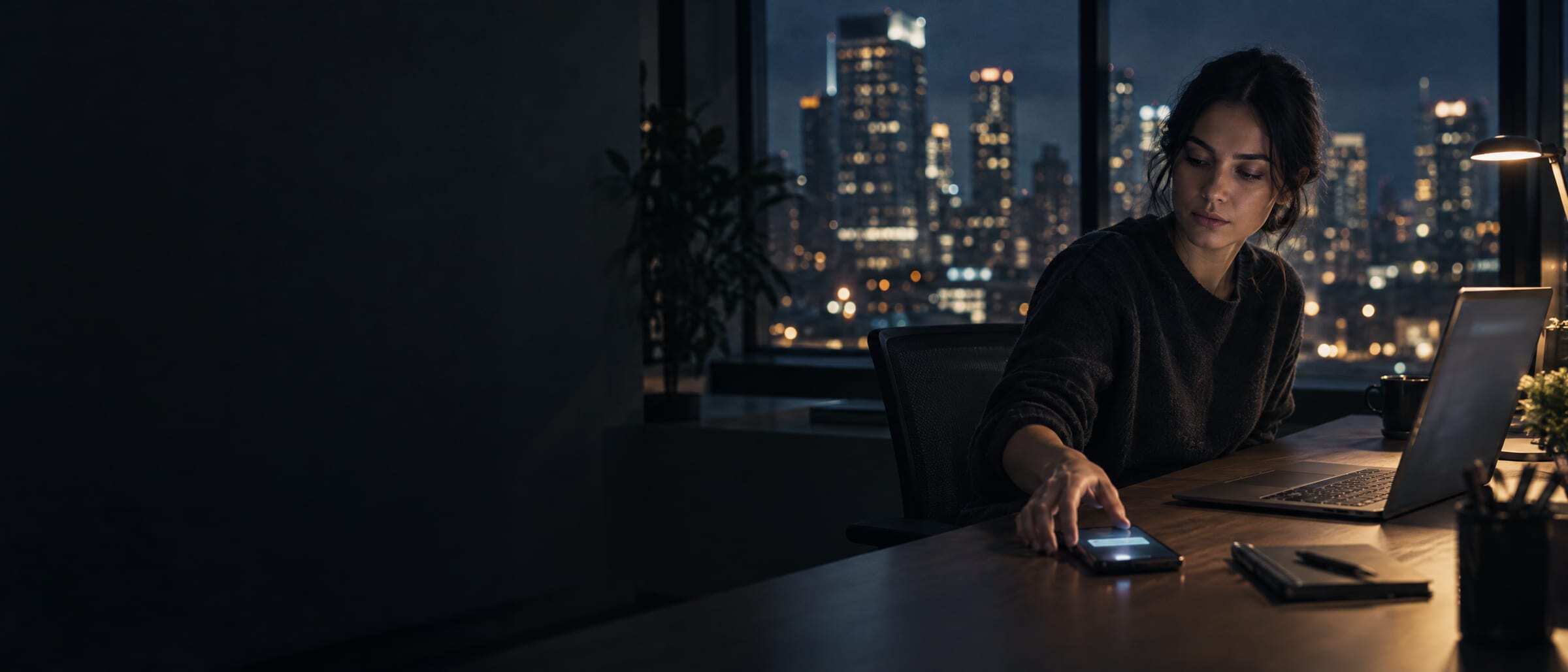 A phone lighting up with a new message on a desk at night, the city behind
