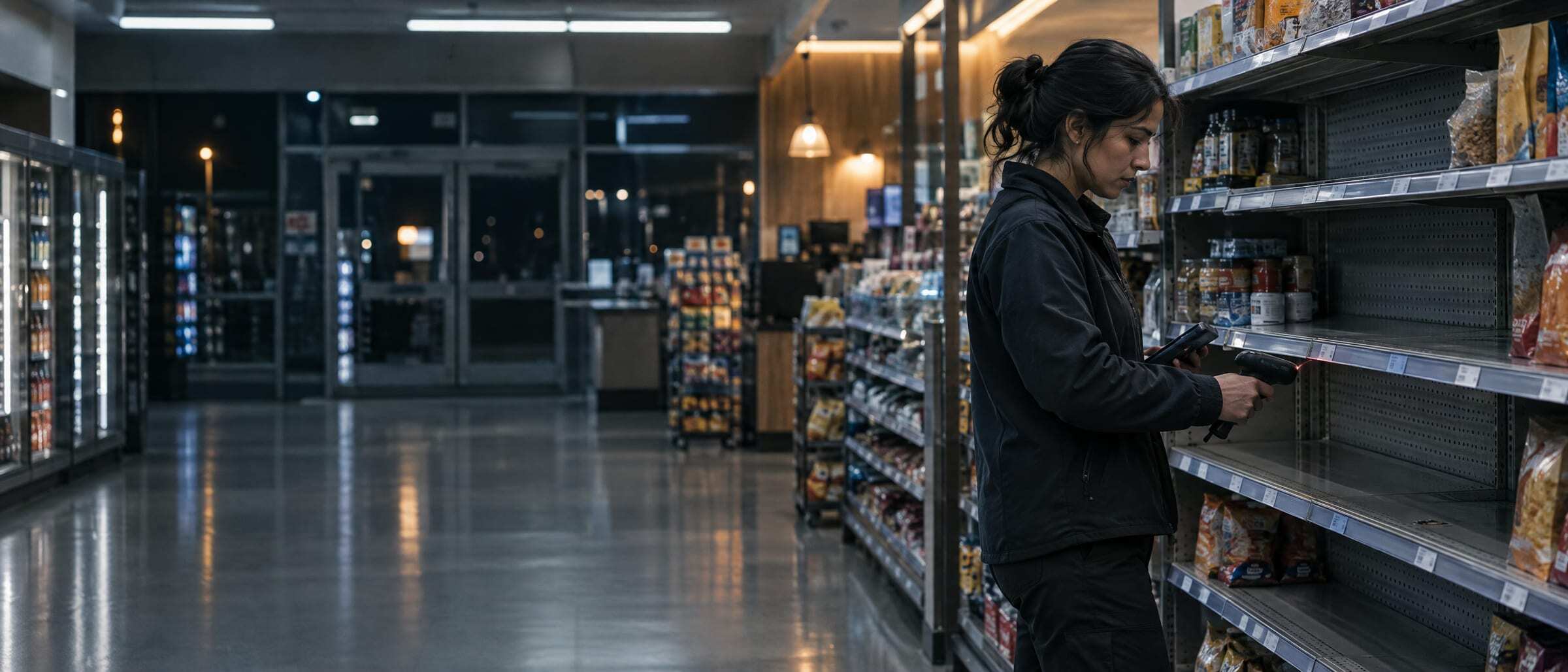 A store associate scanning shelf labels in a convenience store at night