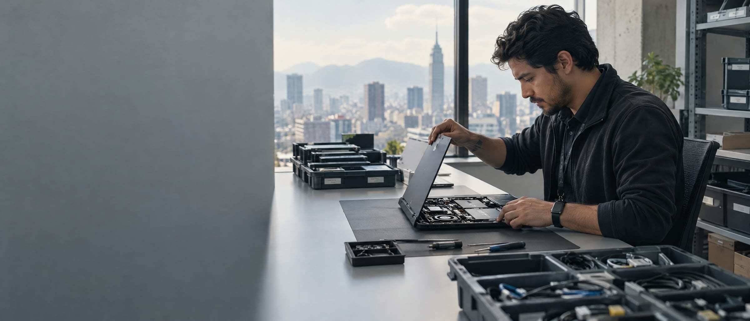 An IT engineer repairing a laptop at a tidy service desk
