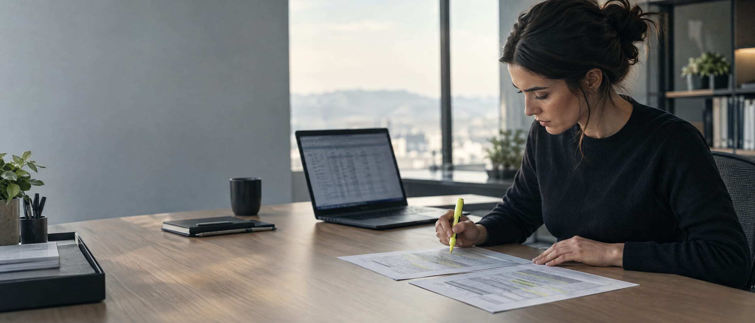 A data steward comparing two printed customer records with a highlighter