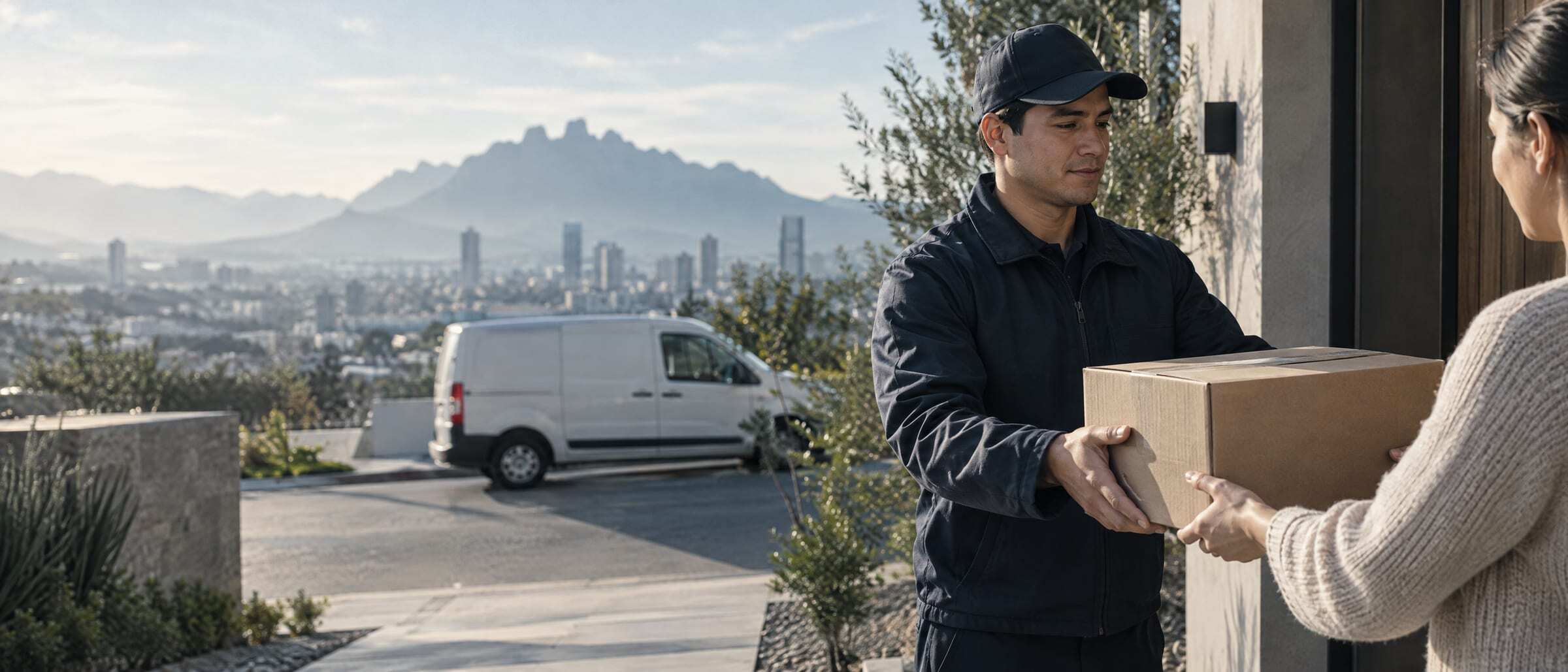 Un repartidor entrega un paquete en la puerta de una casa en Monterrey