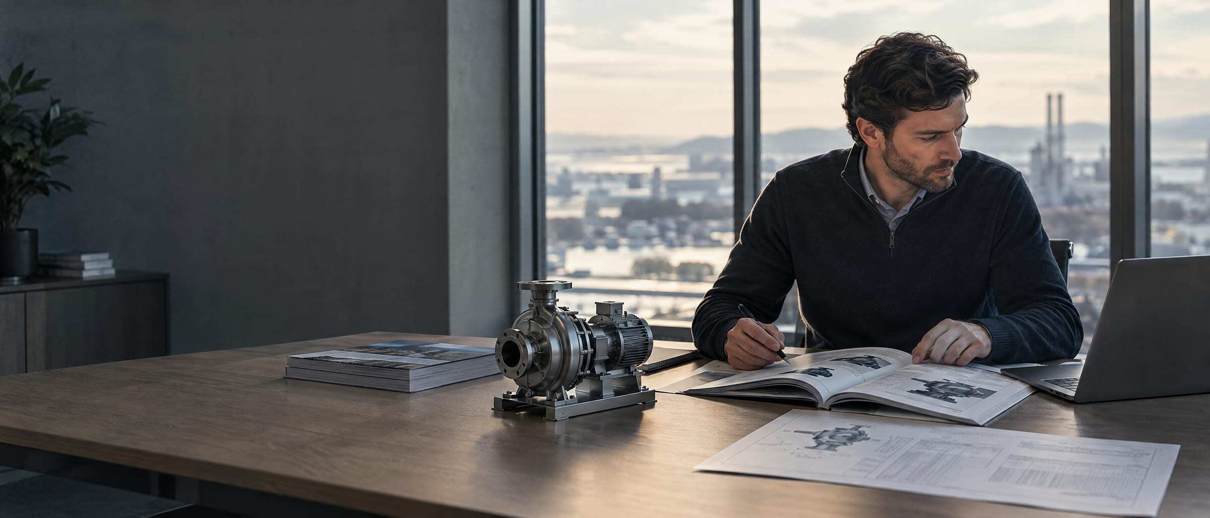 A sales engineer working on a configuration beside a model of an industrial pump