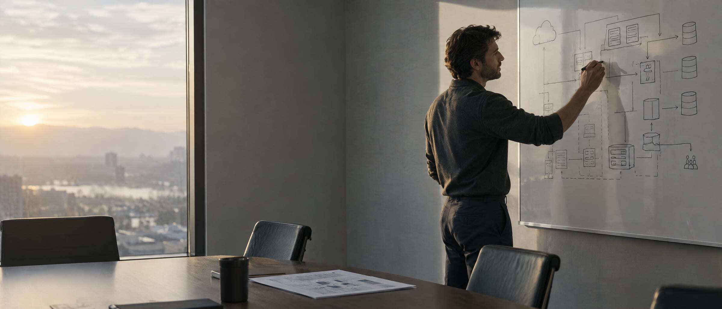 A solutions architect sketching an architecture diagram on a whiteboard