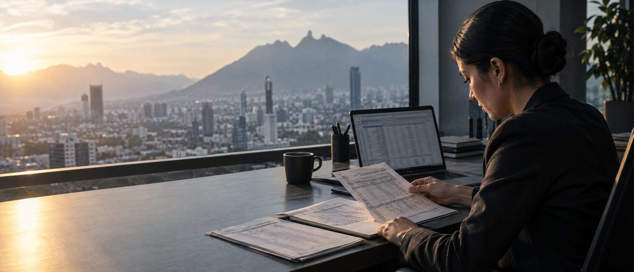 An accountant comparing bank statements against a ledger at sunrise in Monterrey