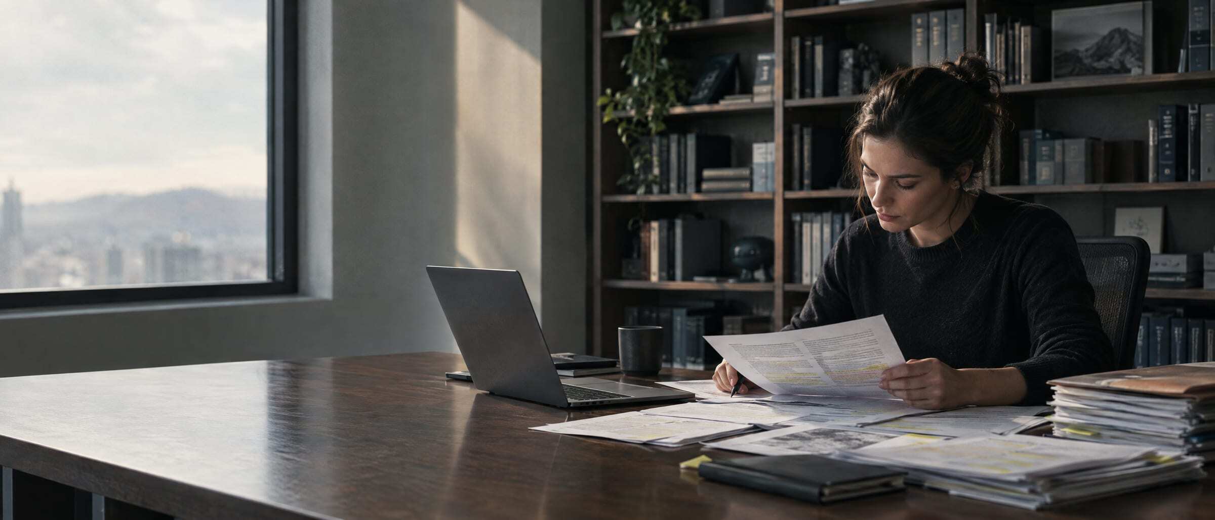 A research analyst reading printed reports with highlighted passages