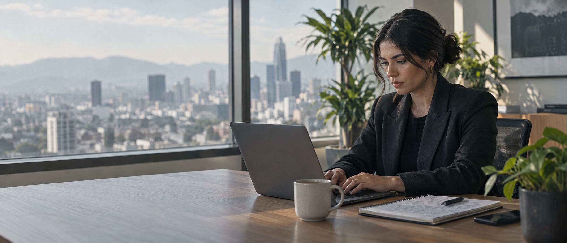 A sales representative researching accounts on a laptop in a bright Mexico City office
