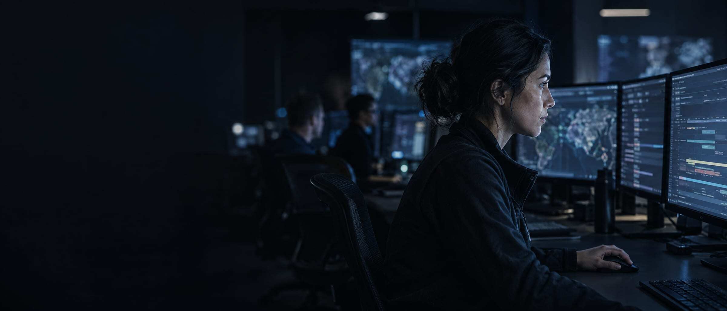 A security analyst at several monitors in a dim operations room at night