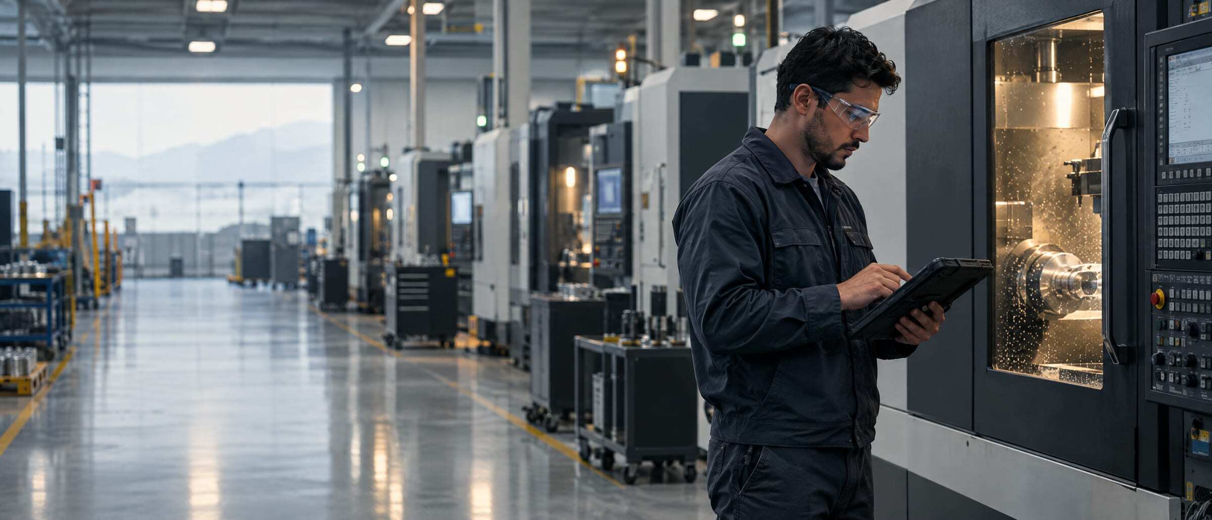 A maintenance technician checking readings on a tablet beside a CNC machine
