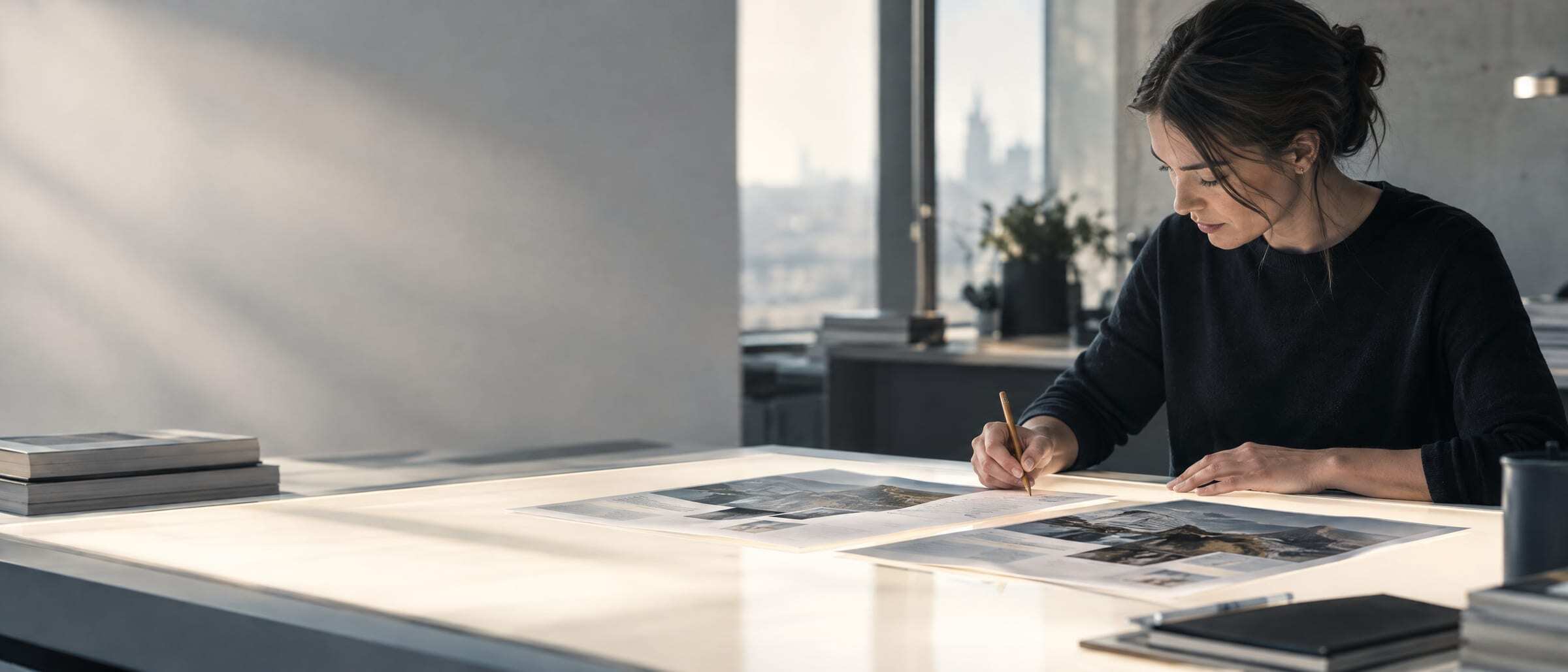 An editor comparing two printed versions of a brochure on a light table