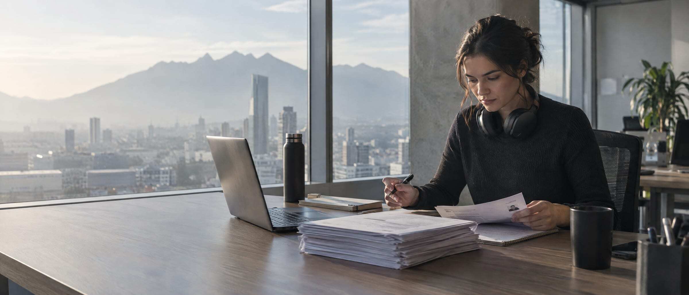 A recruiter reviewing interview notes beside a stack of resumes in a Monterrey office