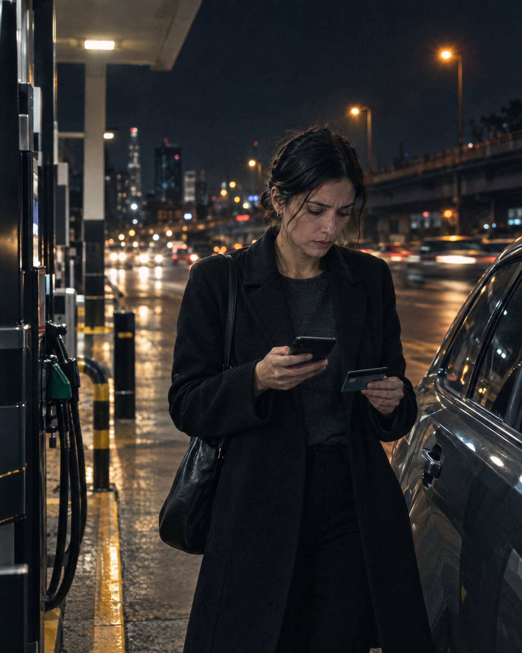 A woman at a gas station in Mexico City at night looking at a declined card payment on her phone