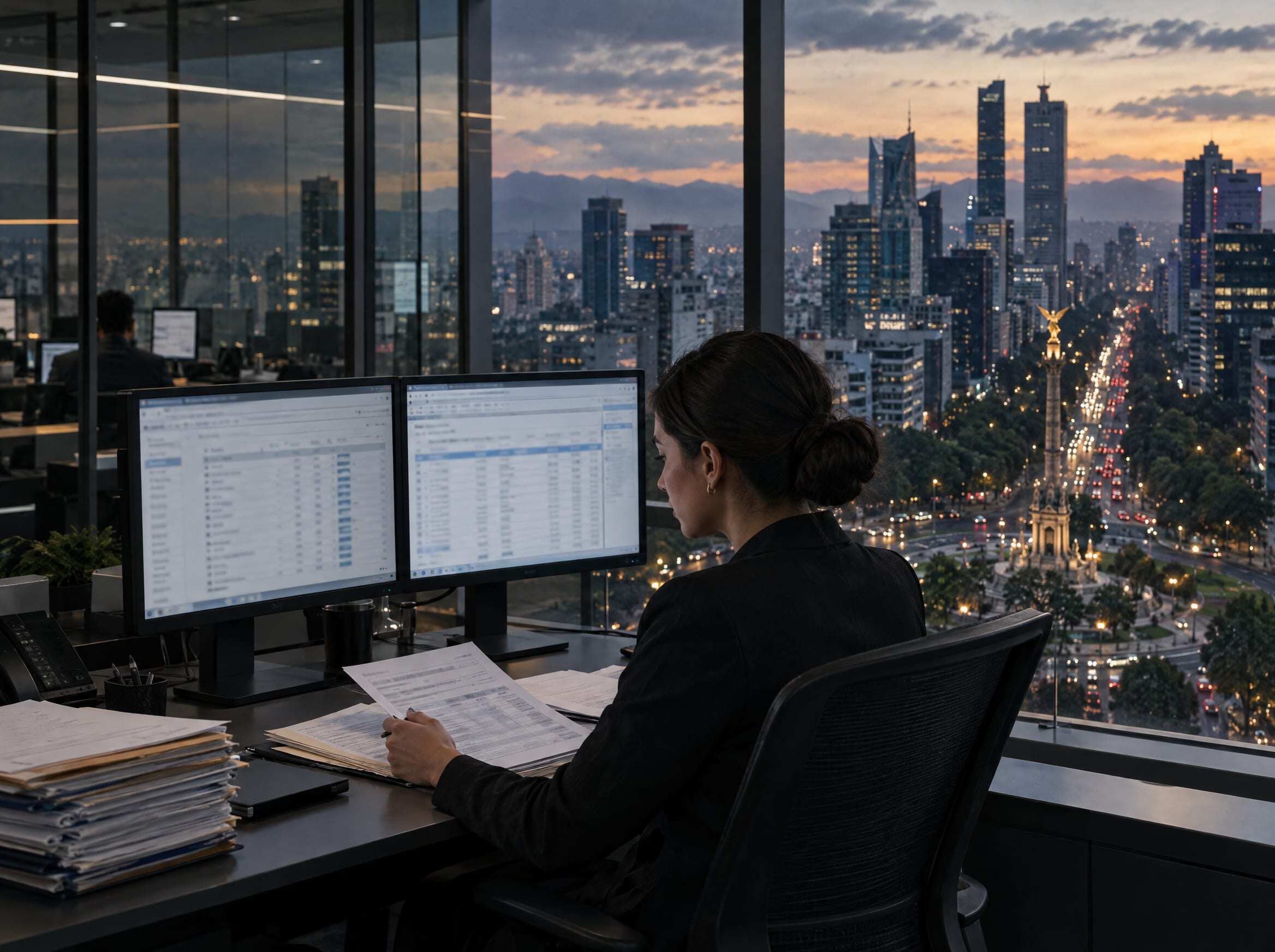 A woman reviewing loan files at two monitors above Paseo de la Reforma at dusk