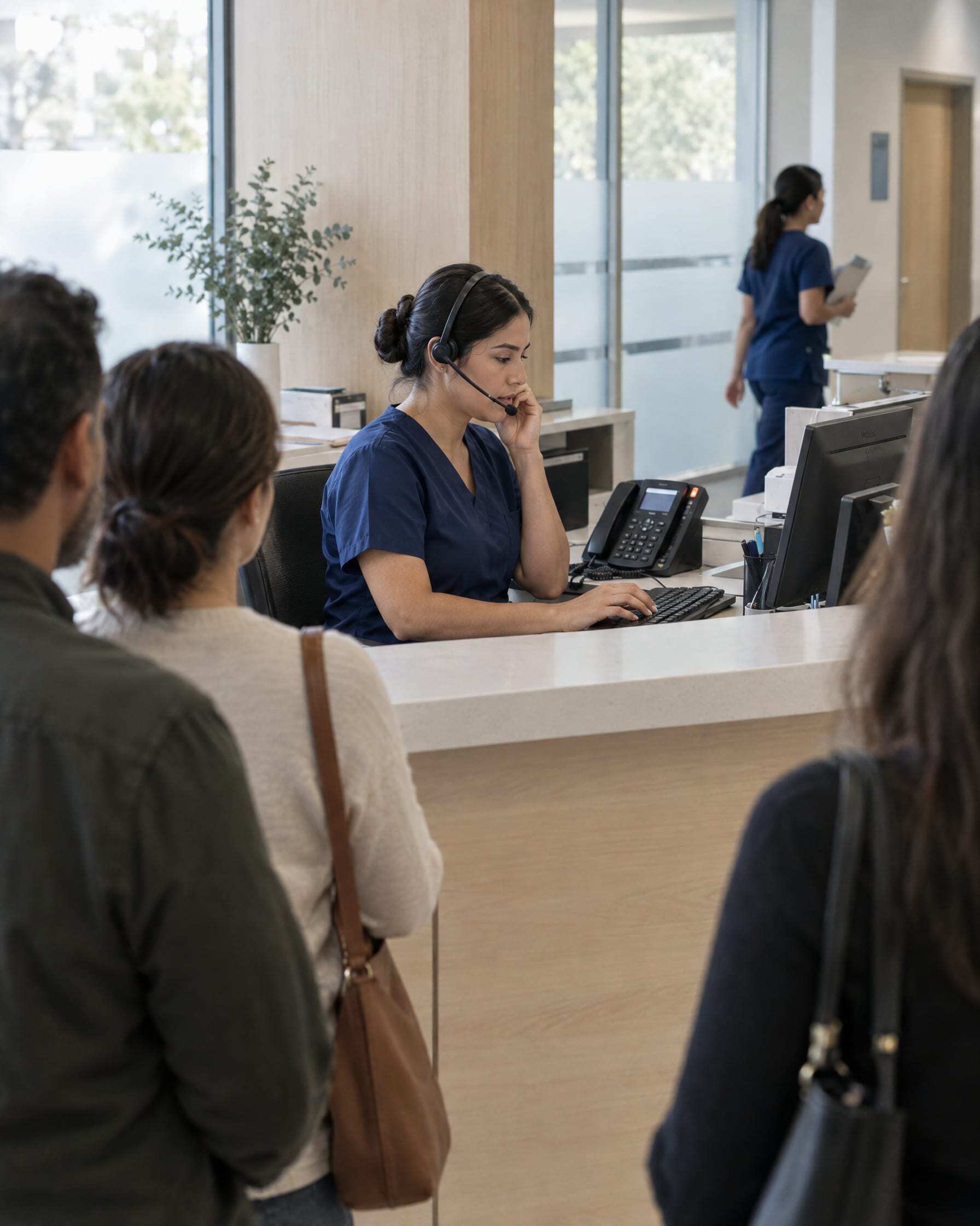 A clinic receptionist in Guadalajara on a headset call while patients wait in line at the counter