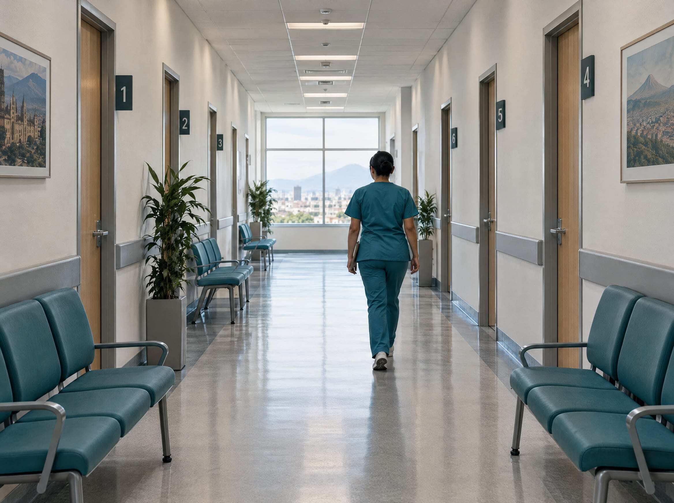 A bright hospital corridor with numbered consultation rooms, a nurse walking away