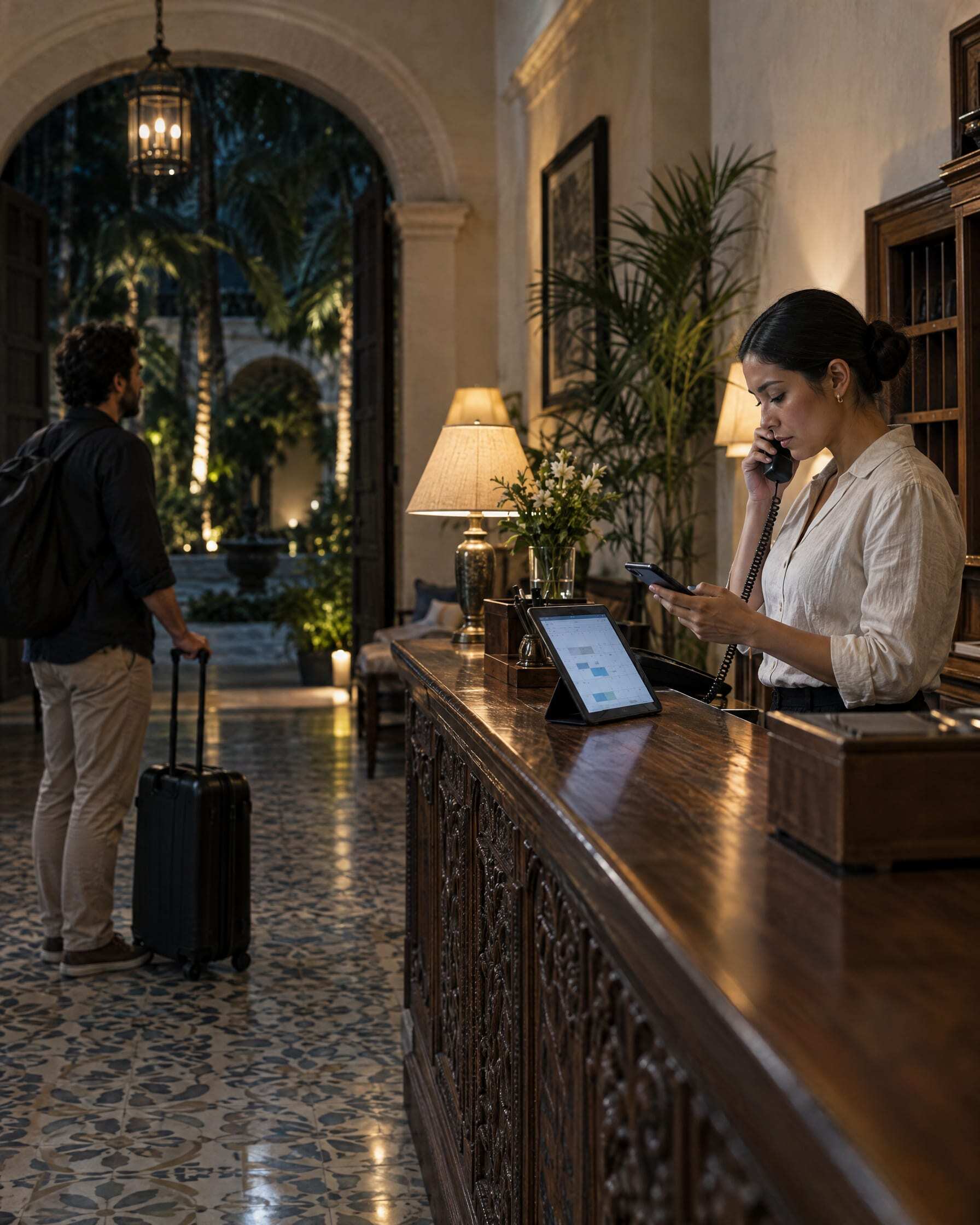 A front-desk agent at a boutique hotel in Mérida on the phone while reading a guest message, a guest waiting with his suitcase