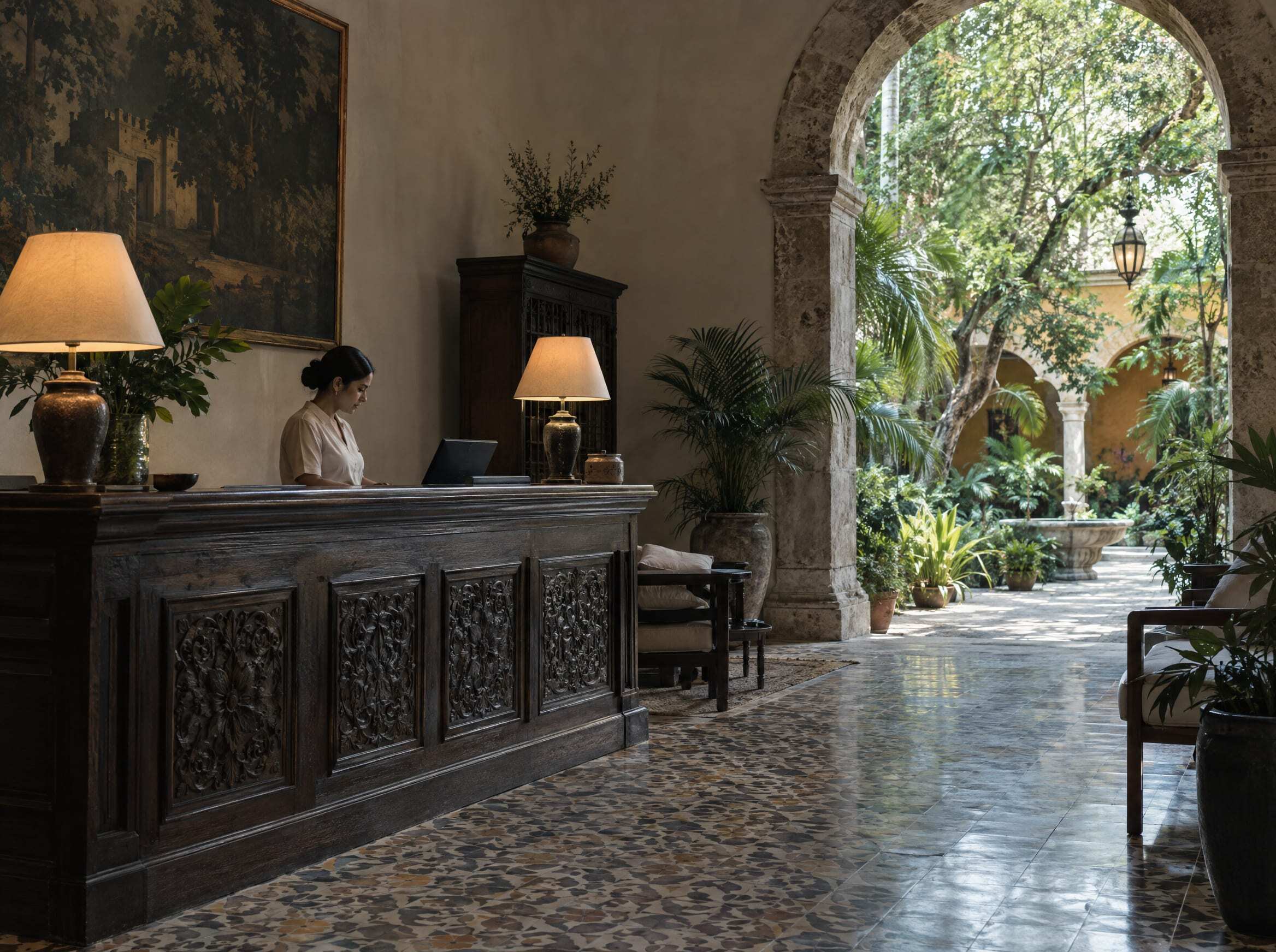 The reception of a hacienda hotel in Yucatán with a carved wooden desk and an arch onto the courtyard