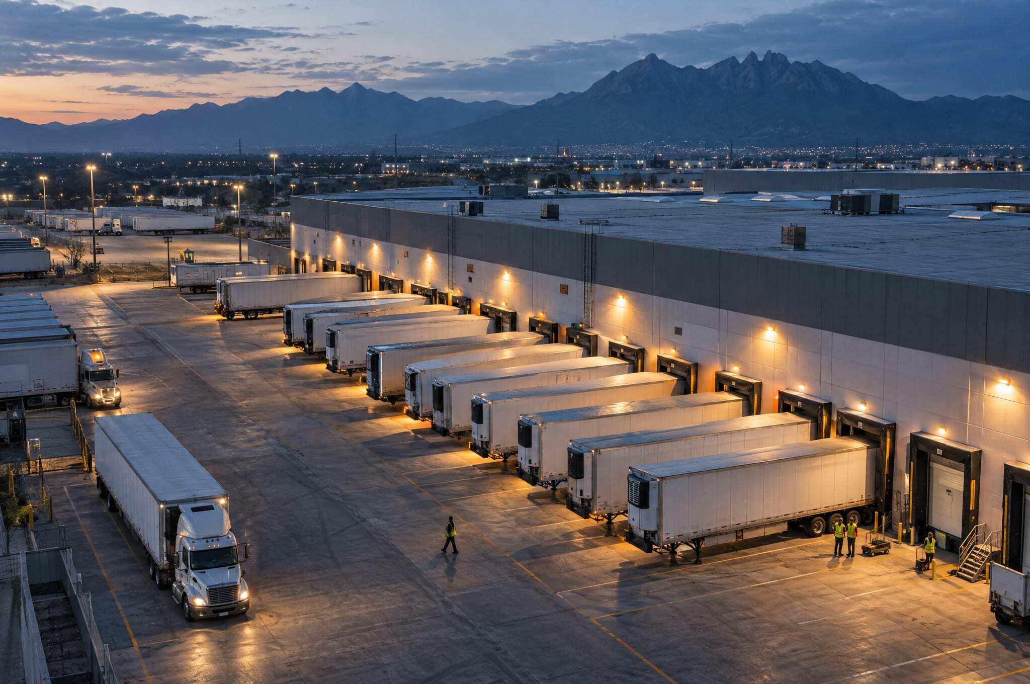 A cross-dock truck yard in Nuevo León at blue hour, trailers backed into lit docks