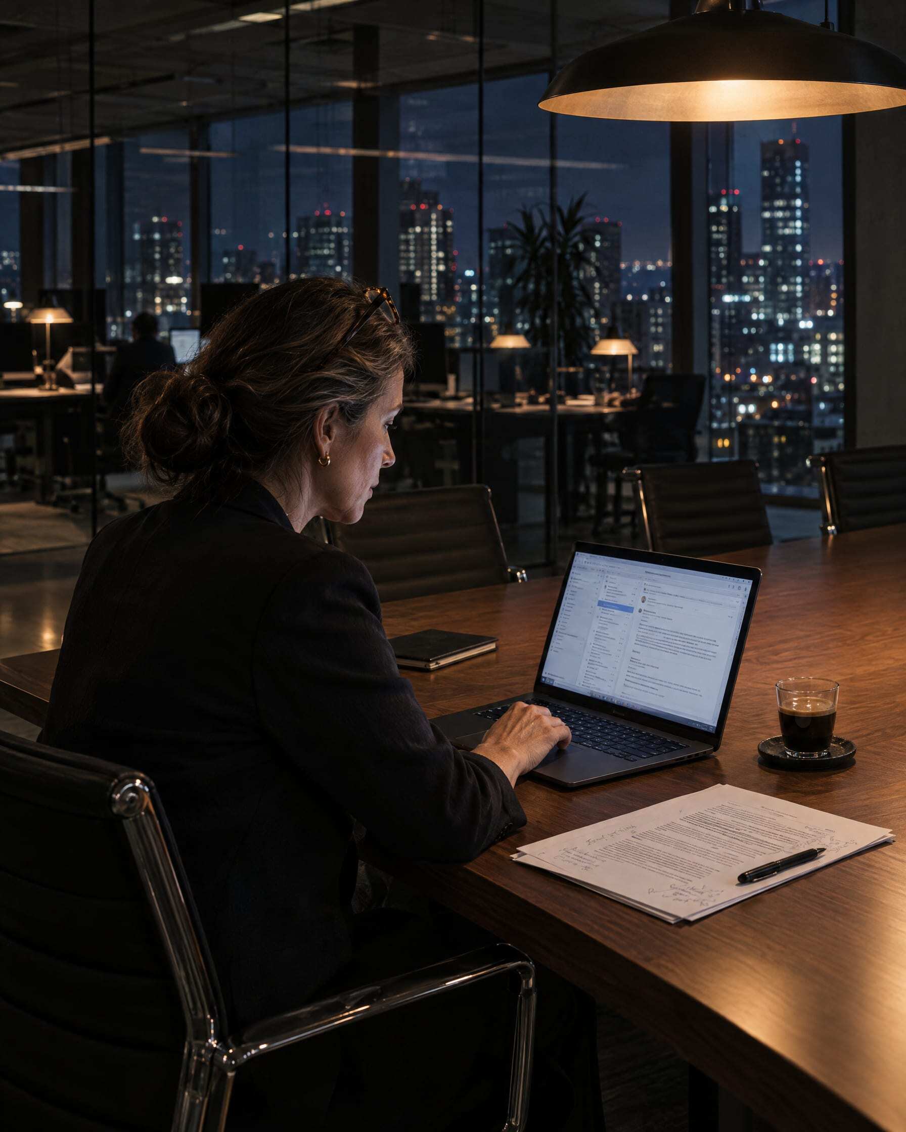 A senior partner answering email late in a glass meeting room in Polanco, a marked-up proposal draft beside her laptop