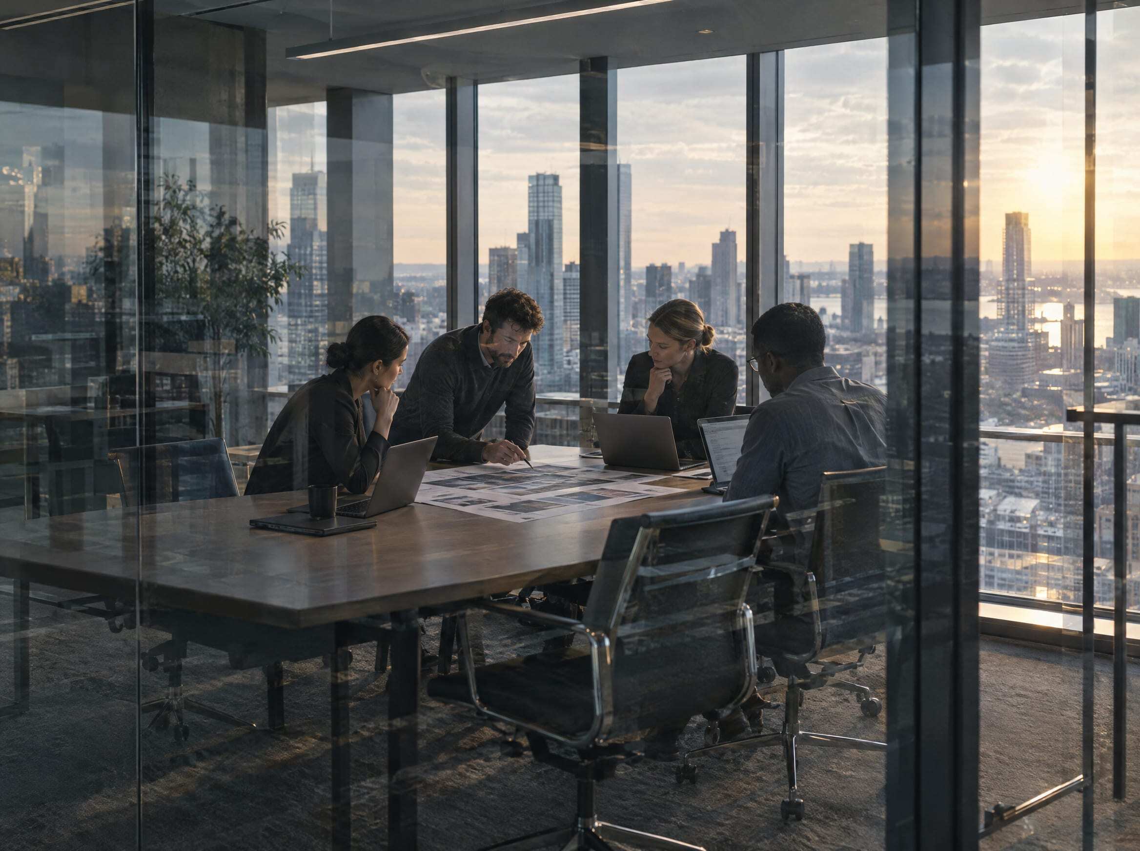 A consulting team reviewing a proposal around a table in a glass-walled room above the city