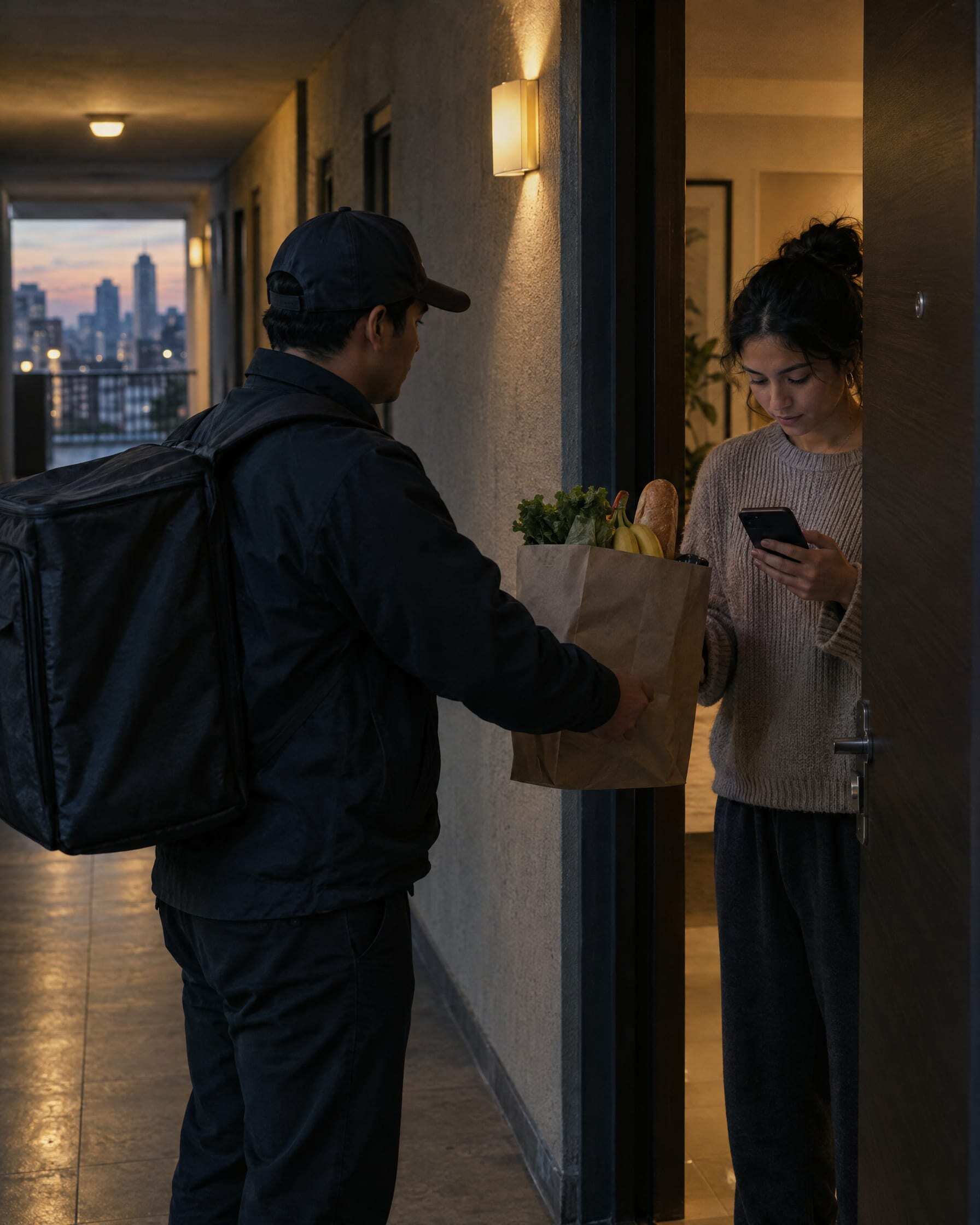 A courier handing a grocery order to a customer at her apartment door in Mexico City at dusk