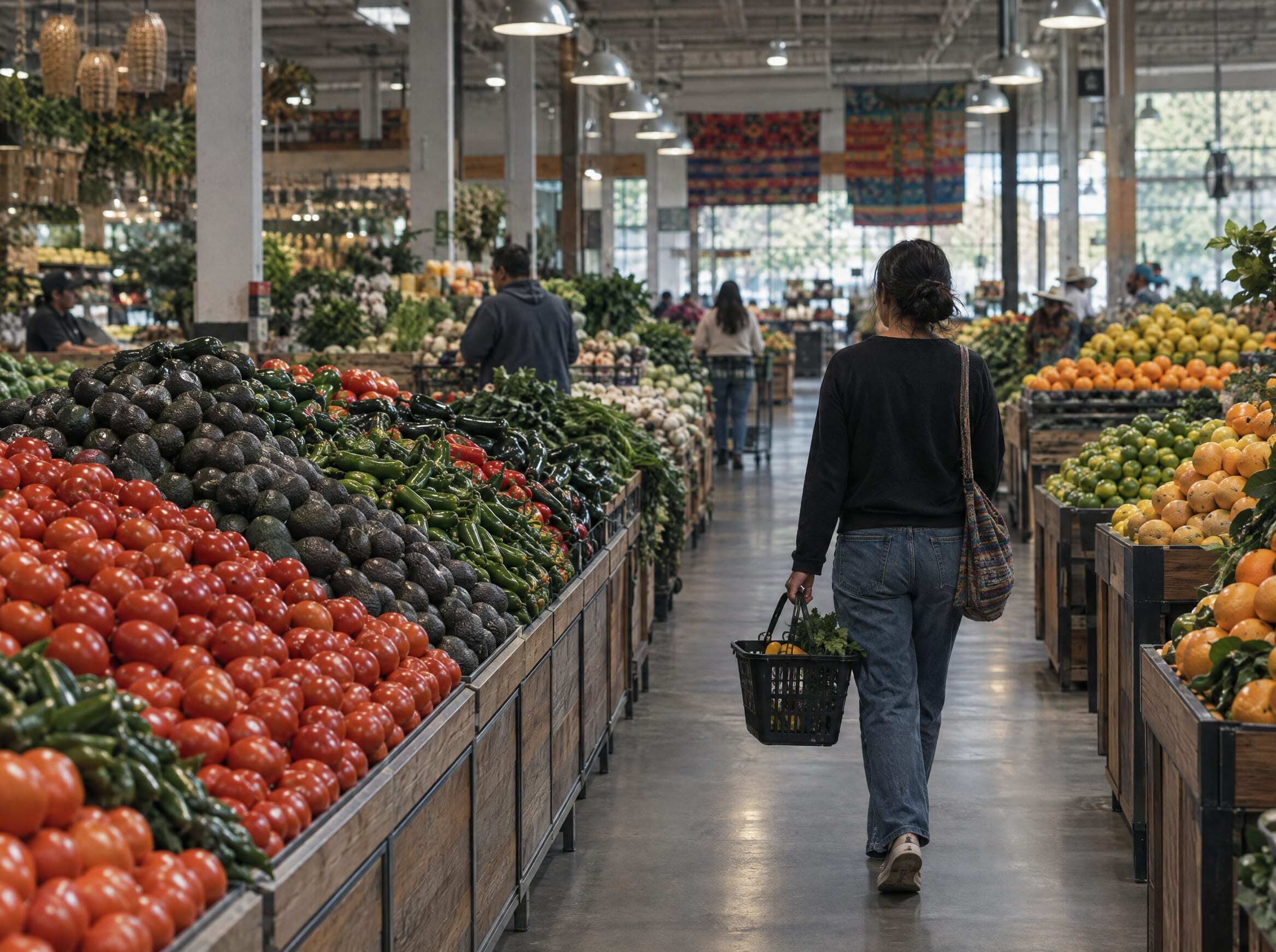 A shopper with a basket walking through the produce section of a Mexican supermarket