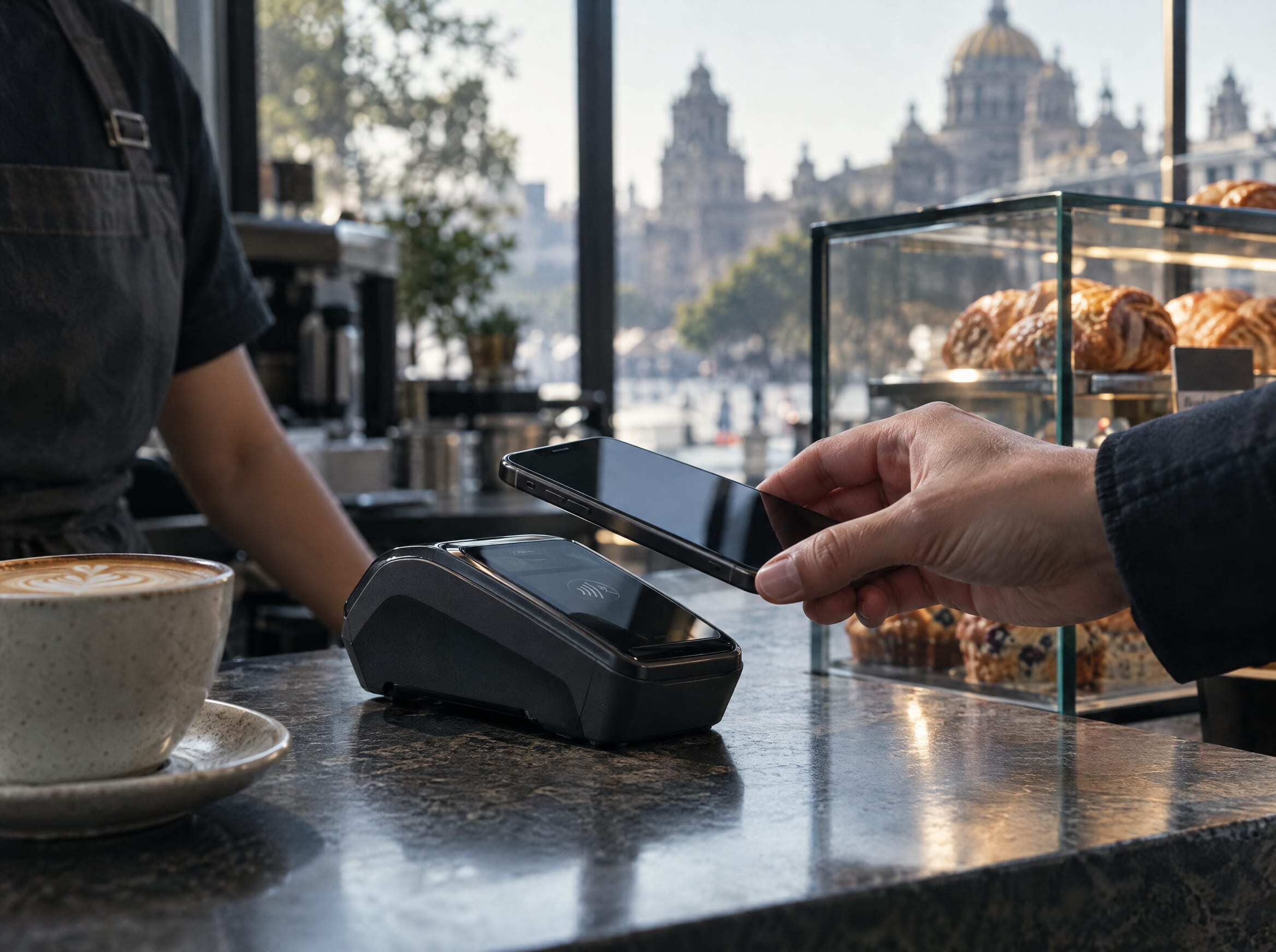 Un teléfono acercado a una terminal de pago sin contacto en la barra de un café en la Ciudad de México