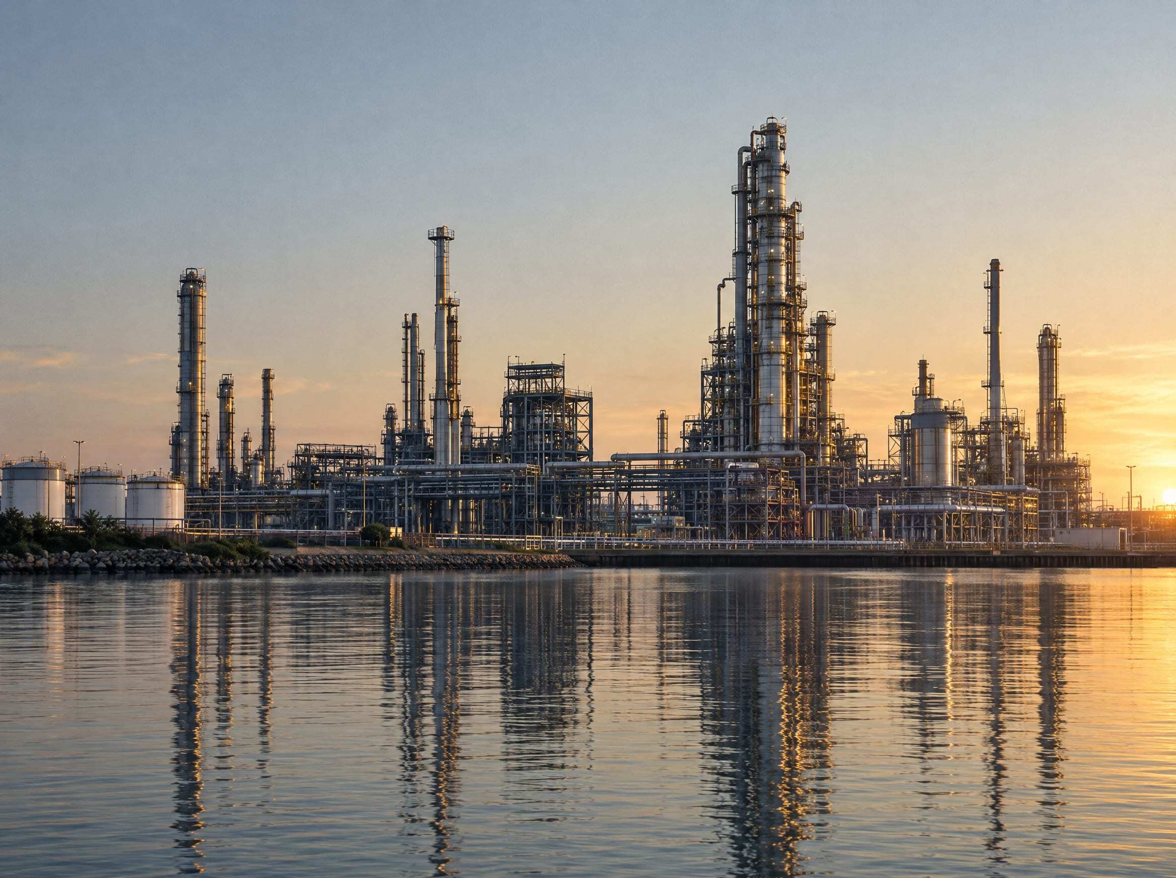 A petrochemical plant on the Gulf coast at golden hour, reflected in calm water