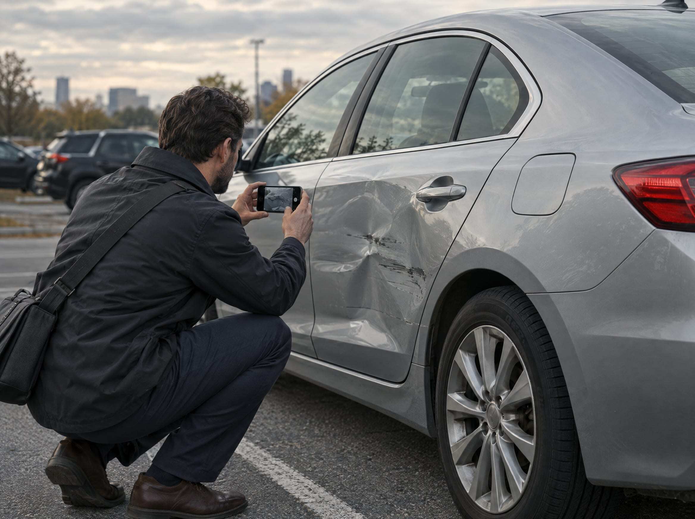A claims adjuster photographing a dented car door with a phone