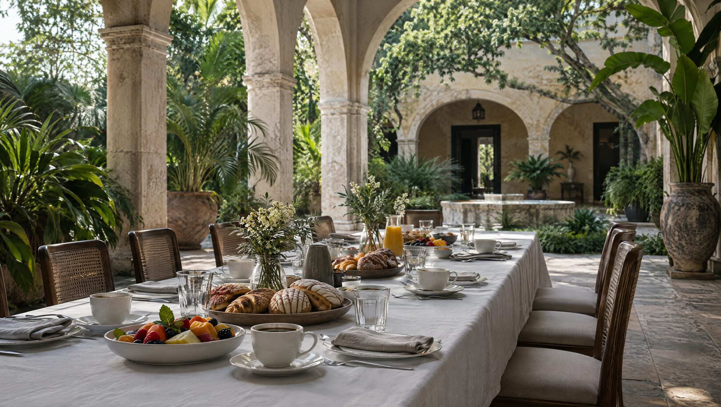 A breakfast table set in the courtyard of a hacienda in Mérida, with coffee and pan dulce
