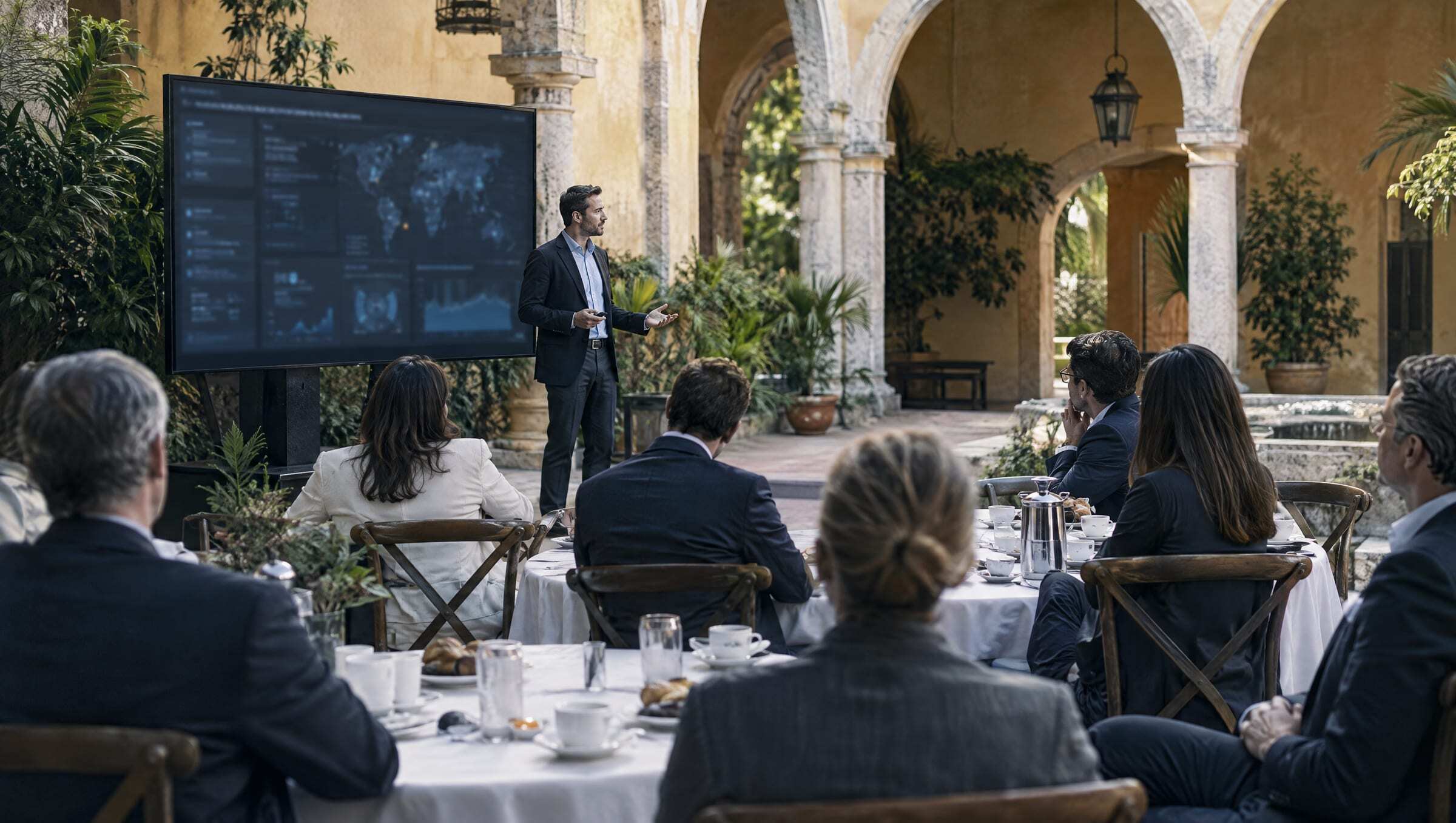 A live demo at an executive breakfast in a hacienda courtyard in Mérida