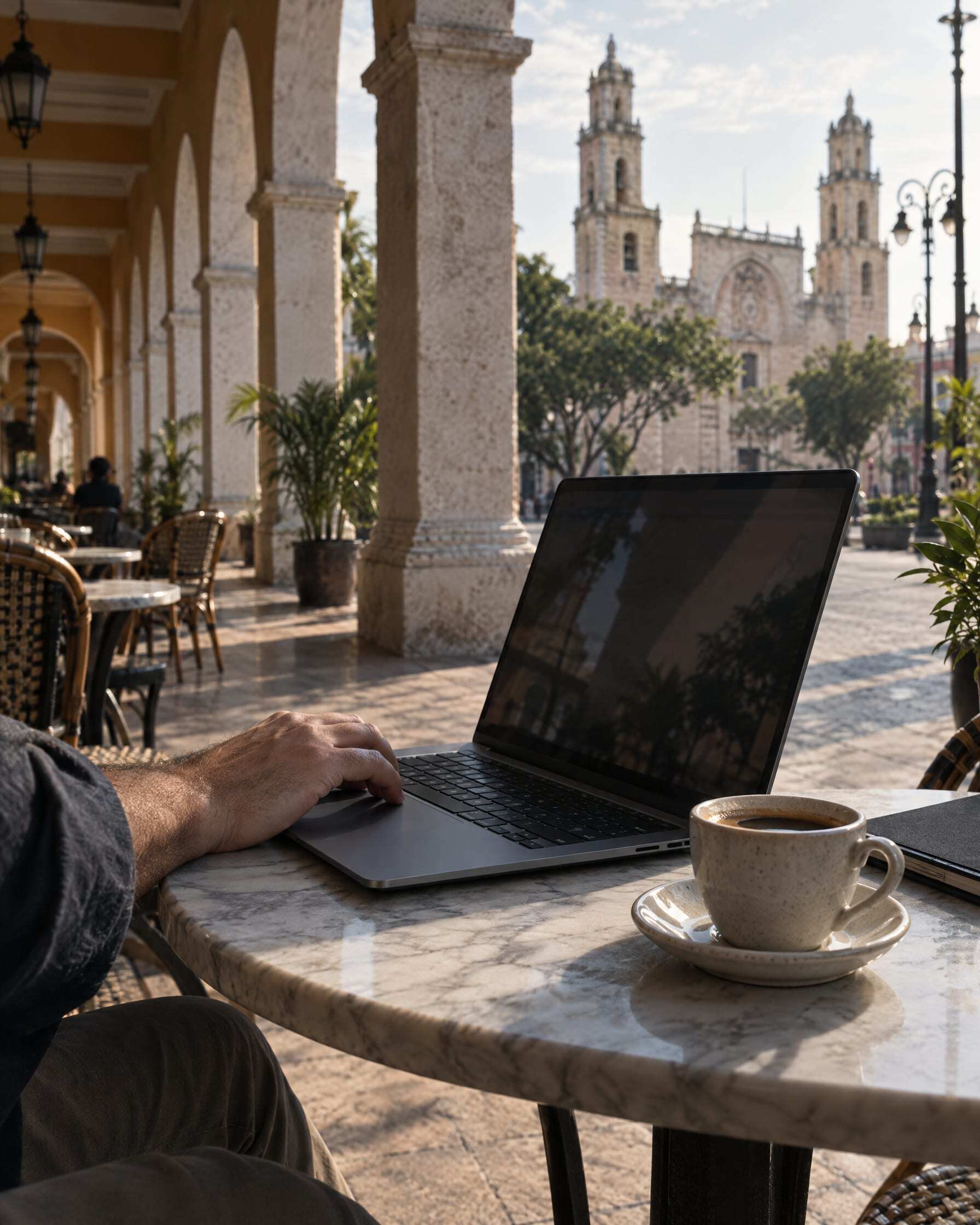 A laptop and a coffee at a café under the arcades of Mérida, the cathedral behind