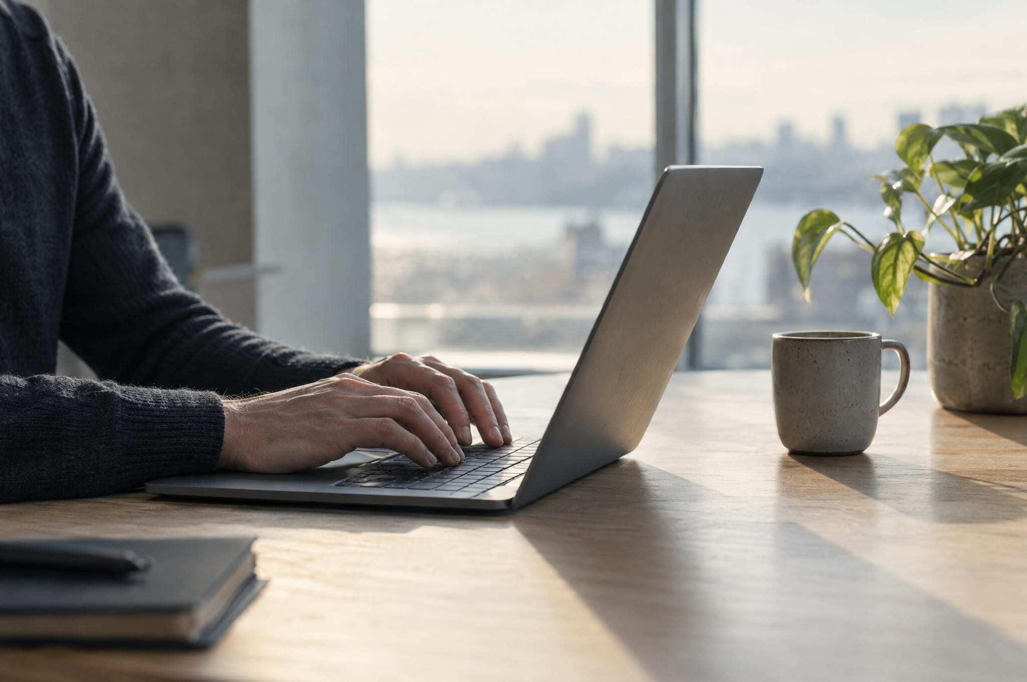 Hands typing on a laptop at a desk by a bright window