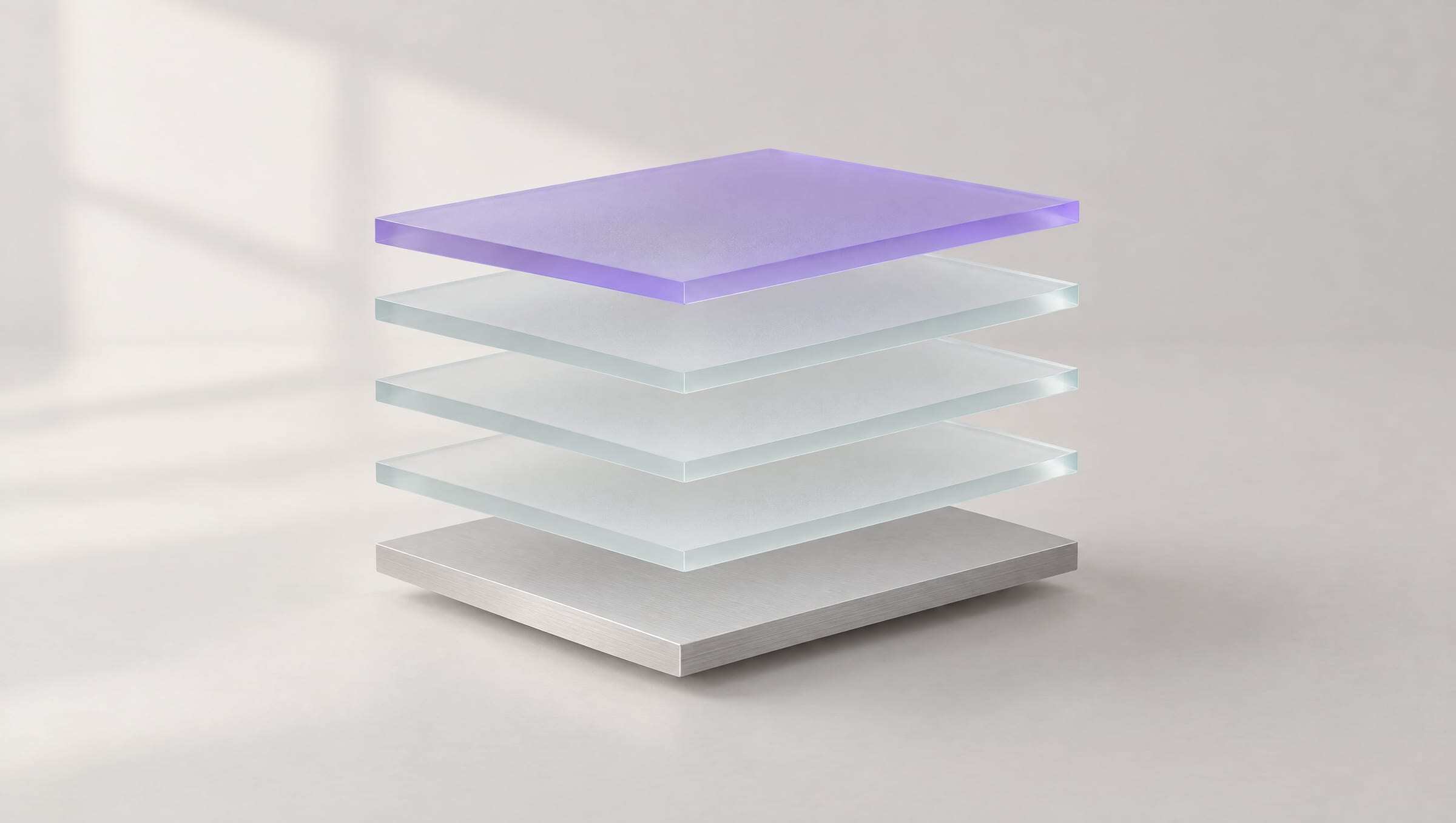 Five thin slabs stacked like floors: aluminum at the base, frosted glass above, violet at the top