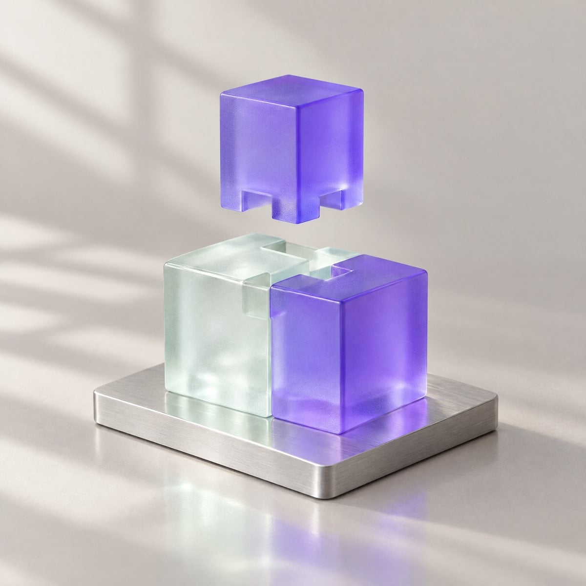 Frosted glass blocks; a violet block is about to click into place