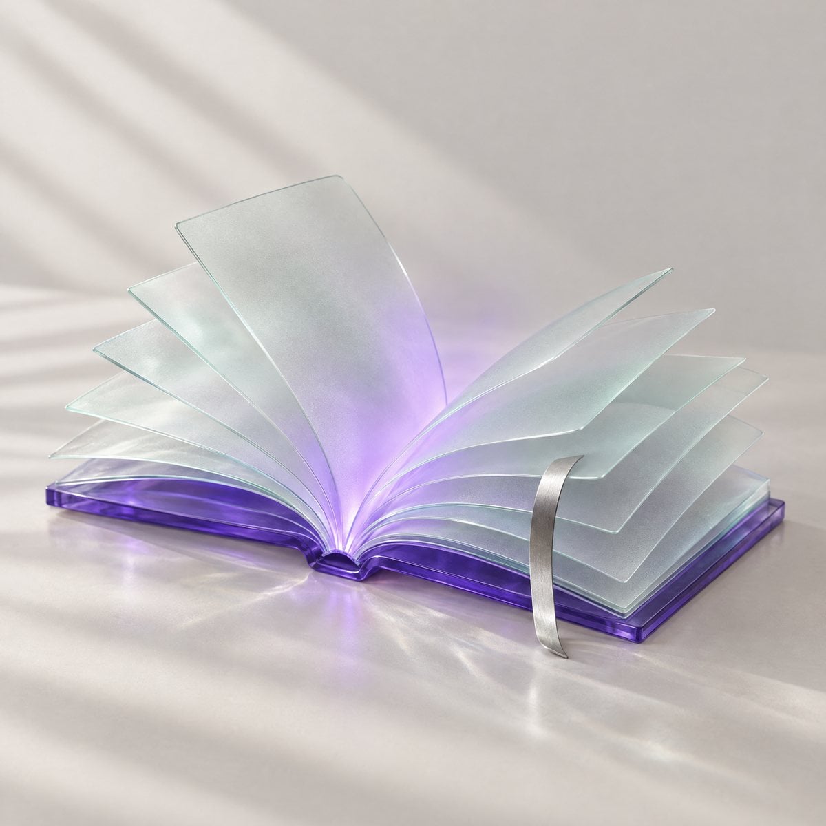 An open book with glass pages and a violet glow