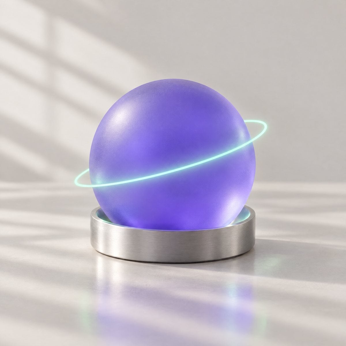 A violet glass sphere with a mint ring of light orbiting it